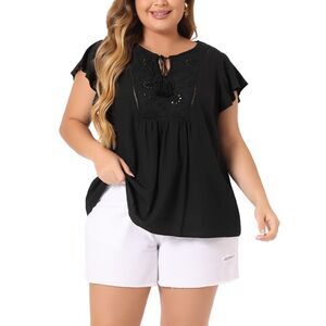 Plus Size Blouses Bib Peasant Ruffle Sleeve Trim Tie Neck Boho Top Black